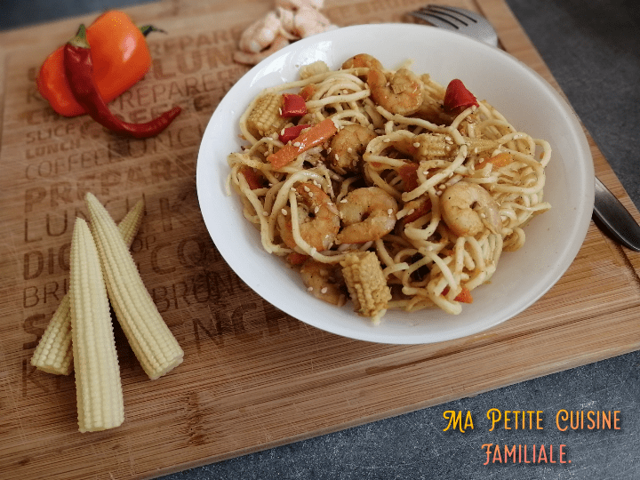 Nouilles aux crevettes et petits&nbsp;légumes