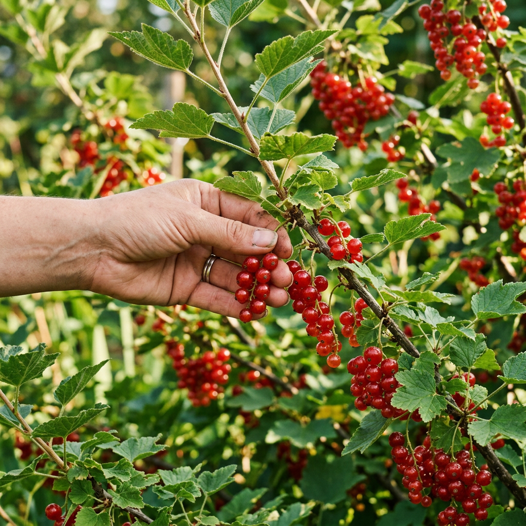 Hand picking ripe red currants from a green leafy bush